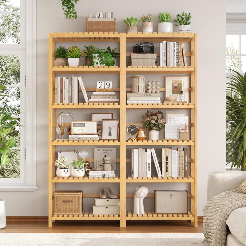 Bamboo Storage Shelf Unit with Adjustable Shelves, Tall Bookcase for Bathroom, Living Room, Balcony, Kitchen, Natural