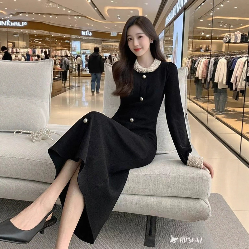 Autumn and Winter Sweater, French-Style Socialite Pearl Black Base Knit Long Skirt, Slimming Long Skirt Paired with Coat Dress Autumn and Winter Sweater, French-Style Socialite Pearl Black Base Knit Long Skirt, Slimming Long Skirt Paired with Coat Dress
