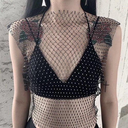 2024 European and American Amazon rhinestone fishnet top summer electronic syllable mesh rhinestone flash diamond women's short-sleeved vest