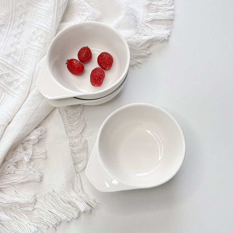Casual Ceramic Single-Eared White Ceramic Small Bowl Baby Steamed Egg Food Supplement Small Bowl Breakfast Cereal Bowl Dessert Bowl Rice Bowl