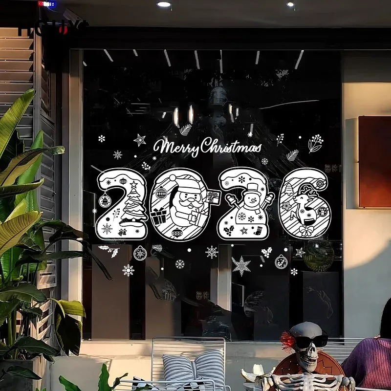 圣诞节雪屋雪镇贴纸白色雪花窗贴金色麋鹿雪橇静电贴纸2026窗花贴|undefined