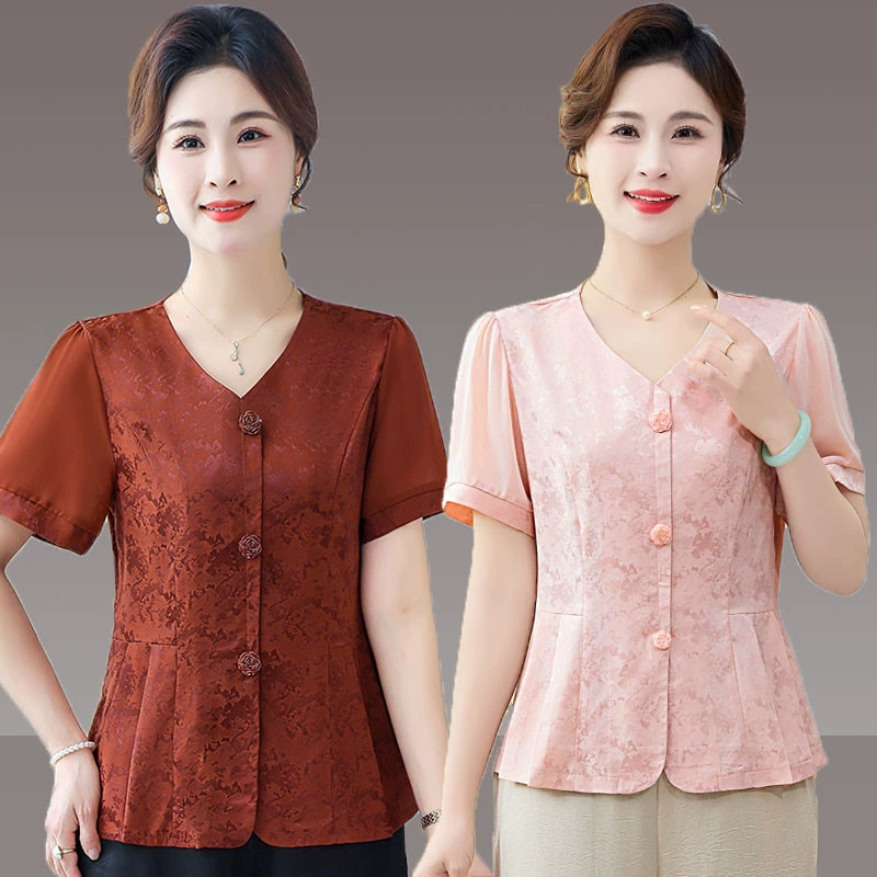 Летняя жаккардовая рубашка с короткими рукавами для женщин, новинка 2025 года, летний стиль, элегантный топ для женщин среднего и пожилого возраста с v-образным вырезом для похудения