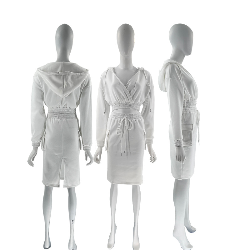 Women's Skirt Suit V Neck Hooded Solid Colour Long Sleeve Set_voghion.com