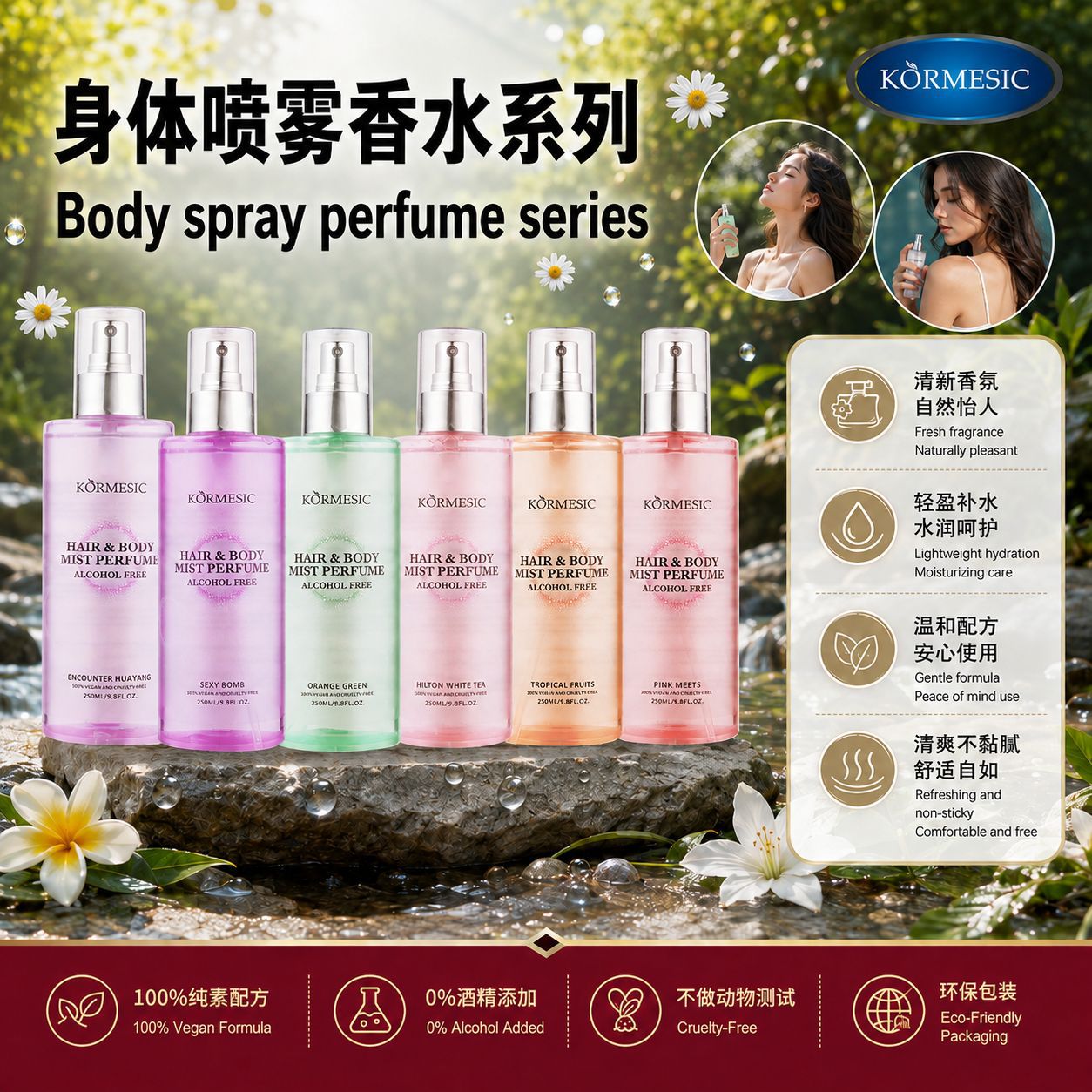 Perfume corporal en aerosol KORMESIC, totalmente en inglés, con fragancia duradera a té y frutas, disponible para comercio transfronterizo.