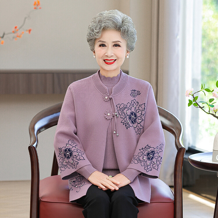 Autumn and Winter Clothing for the Elderly, Women's Outwears, Sweaters, Cardigans, Grandma's Spring & Fall Suits, Wives' Clothes, Mother's Tang Suit Two-Piece Set