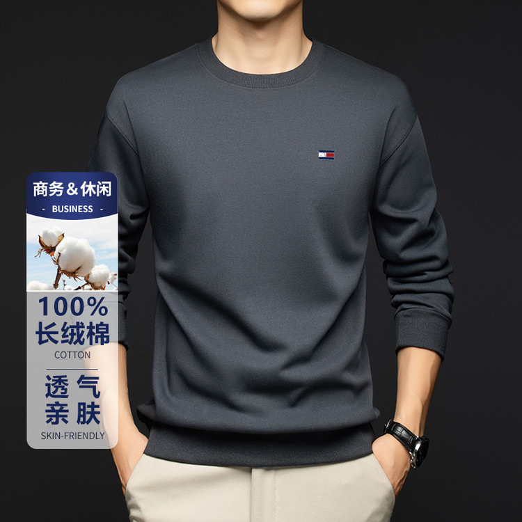 아메리칸 토미 정품 긴 파일 코튼 라운드 넥 스웨트 셔츠 남성용 느슨한 긴팔 티셔츠 풀오버 캐주얼 올 매치 탑