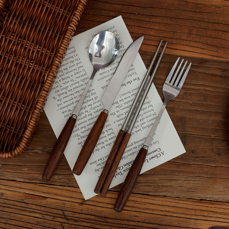South Korea Ins Style Chicken Wings Wooden Handle Knife and Fork Spoon Western Food Restaurant Stainless Steel Niche High-end Sense Pagat Fork Tableware