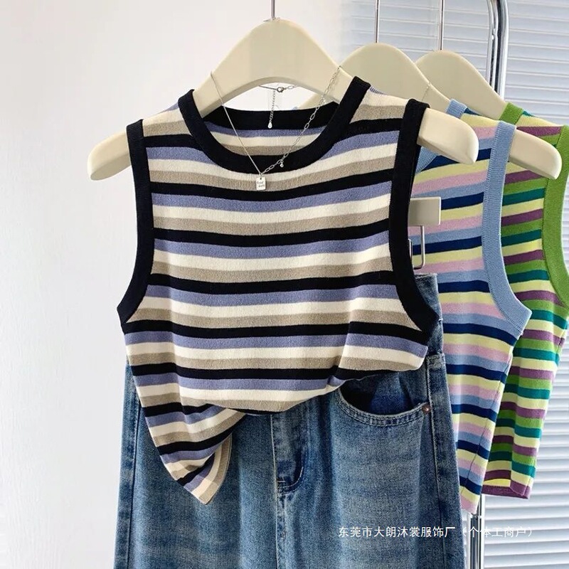 Rainbow Contrast Color Stripe Short Sleeveless Top Women's 2025 Summer New Sweet Knitted Vest