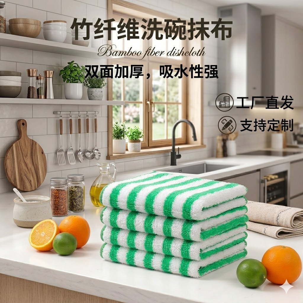 竹纤维不易沾油厨房抹布双层加厚洗碗布家用不易掉毛吸水清洁布巾