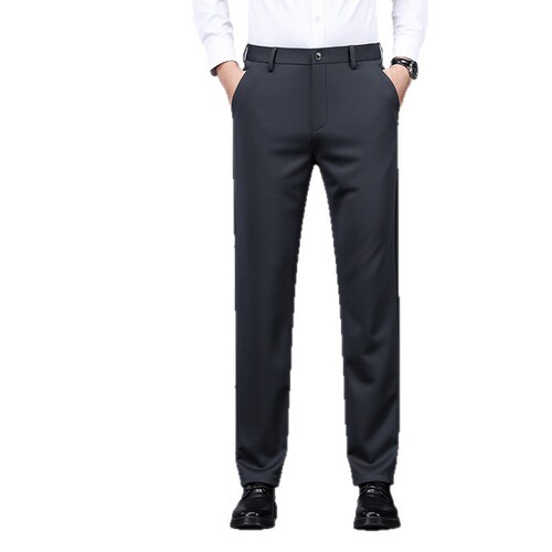 Men's Fall/Winter Straight Leg Loose Business Casual Long Pants with Fleece and Thick High Elasticity Suit Pants