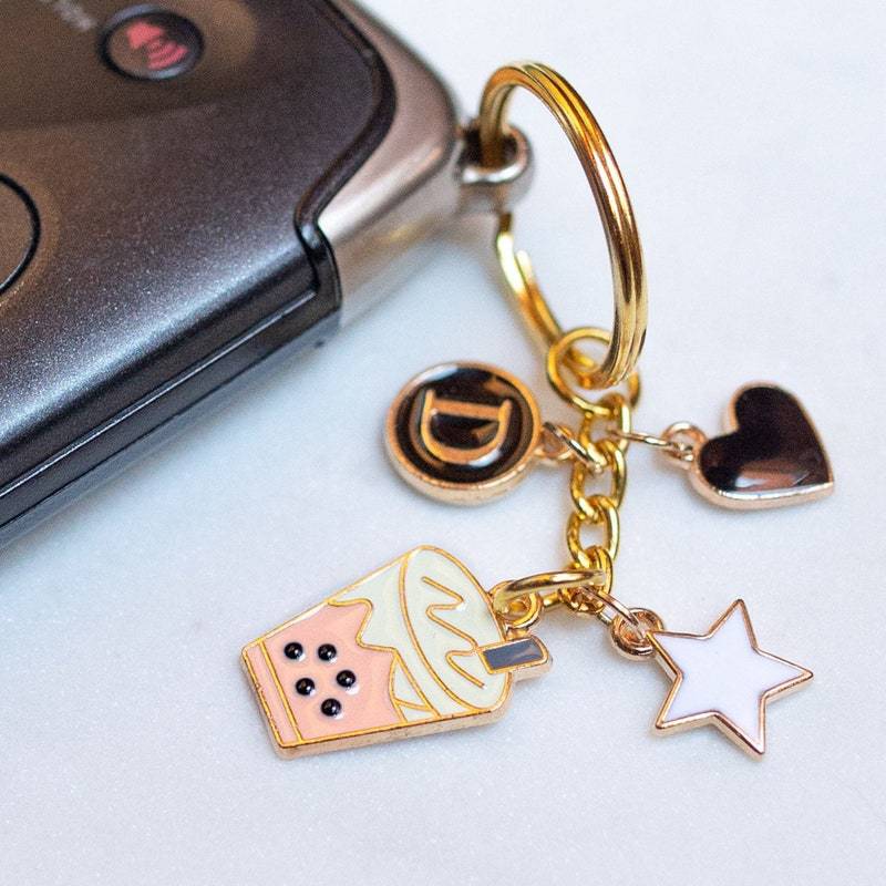 26 Letters Personalized Pink Initial Bubble Milk Tea Keychain with Heart-Shaped Star Pendant as