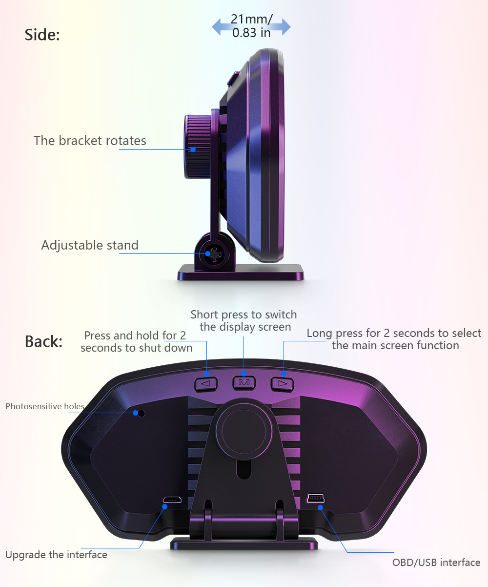 HUD car head-up display multi-functional vehicle-mounted LCD inclinometer high-definition speed fuel consumption OBD+GPS instrument