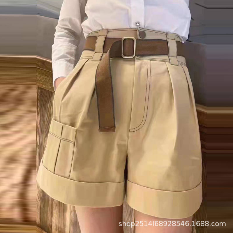 Gejia Mall's New 2023 Summer High-Waisted Versatile Khaki Belt Wide-Leg Cargo Shorts Suit Outer Wear