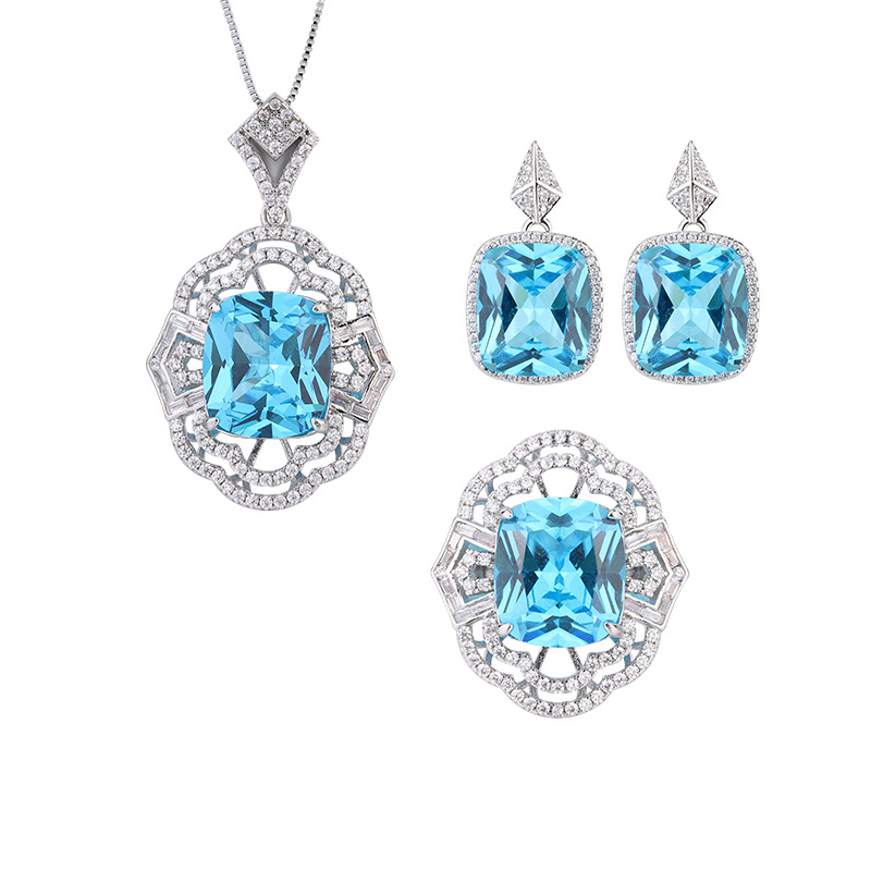 Zhuang Sheng joyería fondo de cobre chapado en oro simulación aguamarina hueco conjunto de las mujeres colgante anillo 4*16 espárragos 12*14