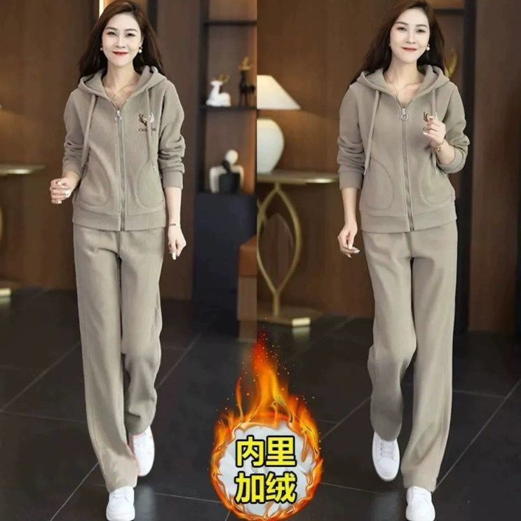 加绒加厚新款冬季休闲洋气宽松连帽卫衣运动服套装妈妈两件套冬天|undefined