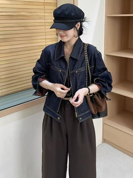 撞色格子压线牛仔短款外套女2025秋季新款小个子宽松显瘦夹克上衣|undefined