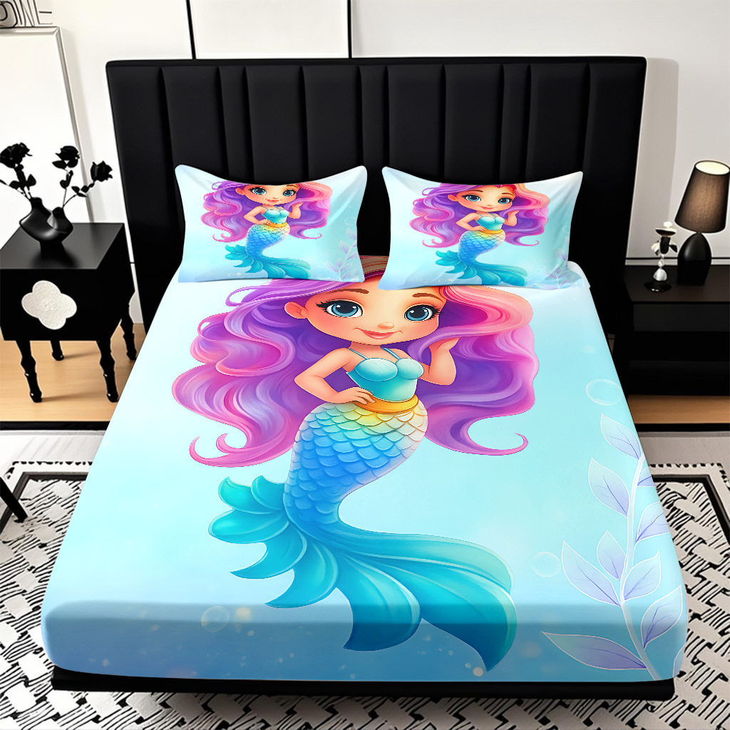 Modo JIT Temu serie de dibujos animados de sirena textil doméstico impresión digital cama de cama de cama kit fábrica de procesamiento