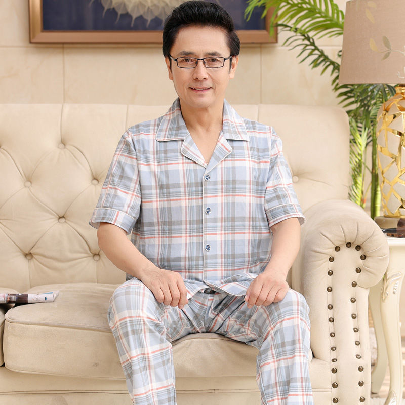 Papá pijamas de verano de algodón para hombres de manga corta delgada de verano pantalones largos de media manga para hombres de mediana edad set de ropa para el hogar