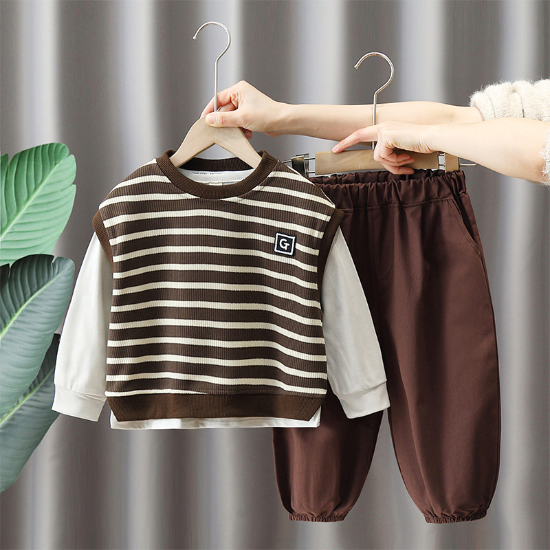 5854 traje de chaleco a rayas para niños 2024 nuevo traje de primavera y otoño estilo occidental bebé casual traje de tres piezas otoño para niños