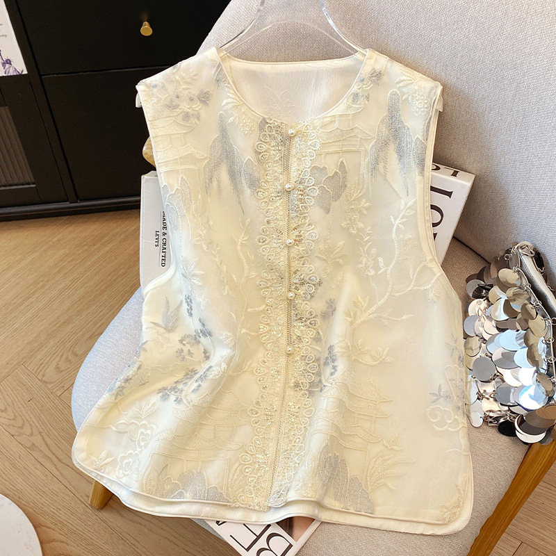 Real Shot of Spring and Summer New Style New Chinese Style Heavy Embroidery Lace Vest Women's High-End Tops