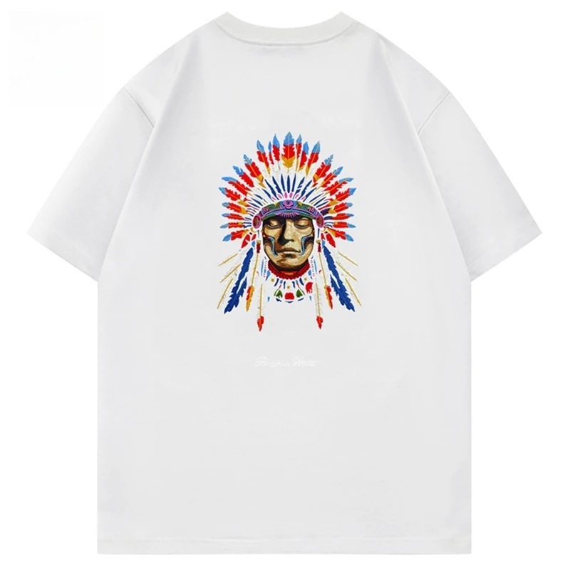 アメリカンレトロ【インディアン】刺繍ラウンドネック半袖夏ゆったりデザイン厚手コットンTシャツ男性用|undefined