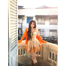 安妮不火橘烟漫藤精灵风蕾丝拼接吊带裙女新款微胖大码设计感裙子