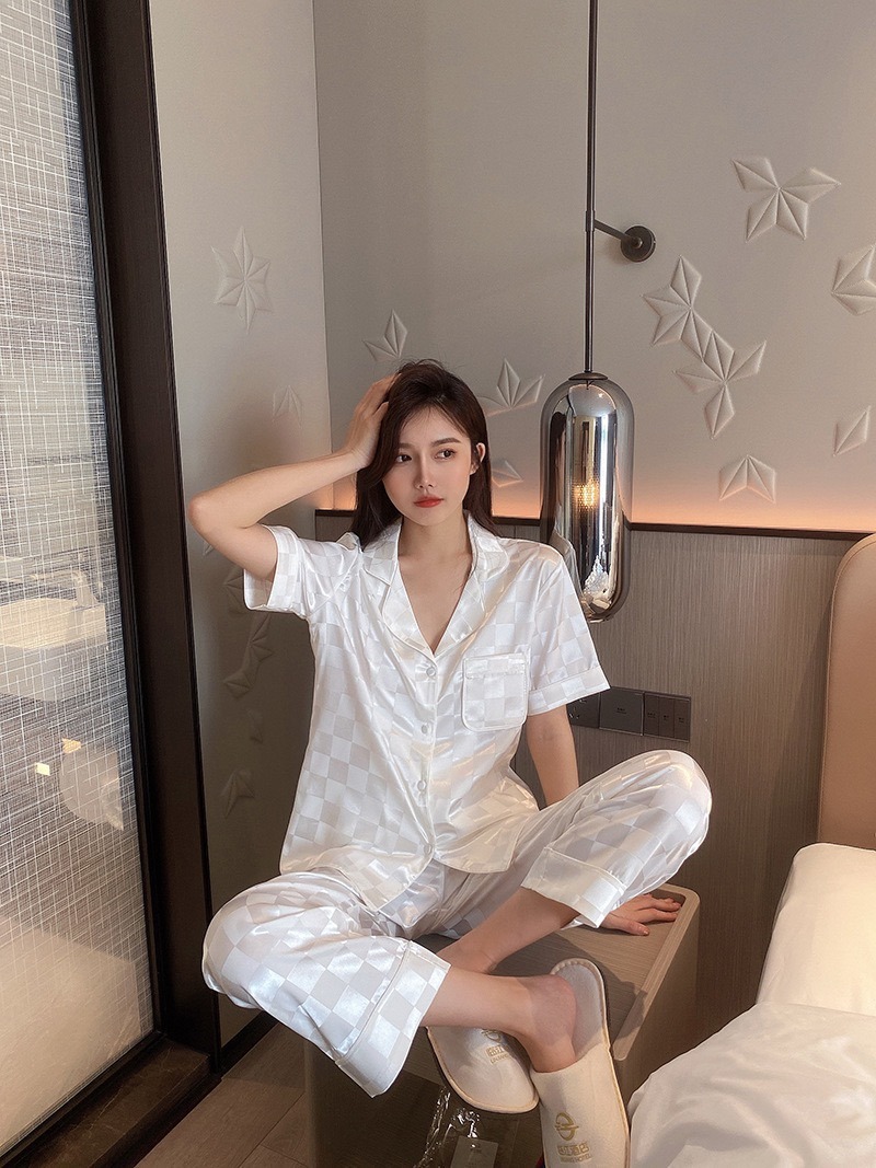 夏季新款睡衣女夏短袖长裤格子冰丝套装亚马逊家居服抖音一件代发