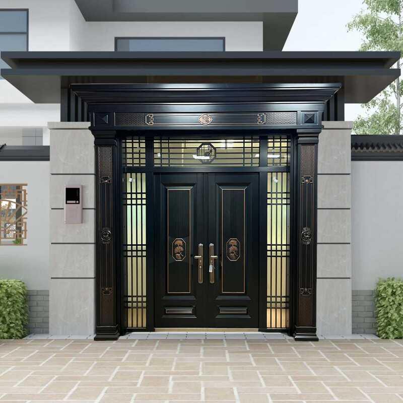 Custom-Built Villa Entrance Glass Panel Door with Door Head and Pillar, Community Entrance Door, Anti-Theft Door, Large Four-Panel Opening
