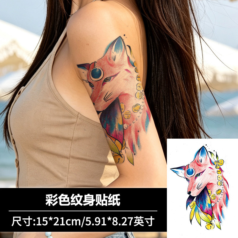 Chinese-style colorful fox tattoo stickers with fantasy gemstone and coin motifs, waterproof temporary tattoo for upper arm and thigh Chinese-style colorful fox tattoo stickers with fantasy gemstone and coin motifs, waterproof temporary tattoo for upper arm and thigh