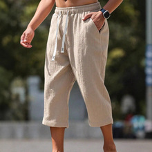 跨境欧美男士夏季棉麻休闲七分裤