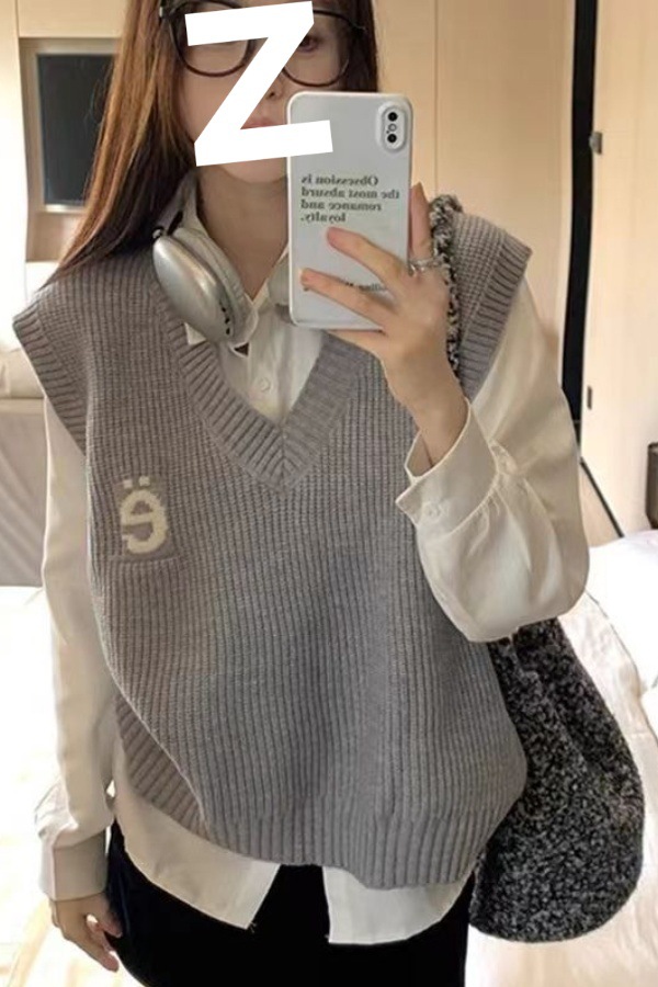 学院韩系复古针织马甲女外百搭新款无袖风叠设计宽松坎肩毛衣背心