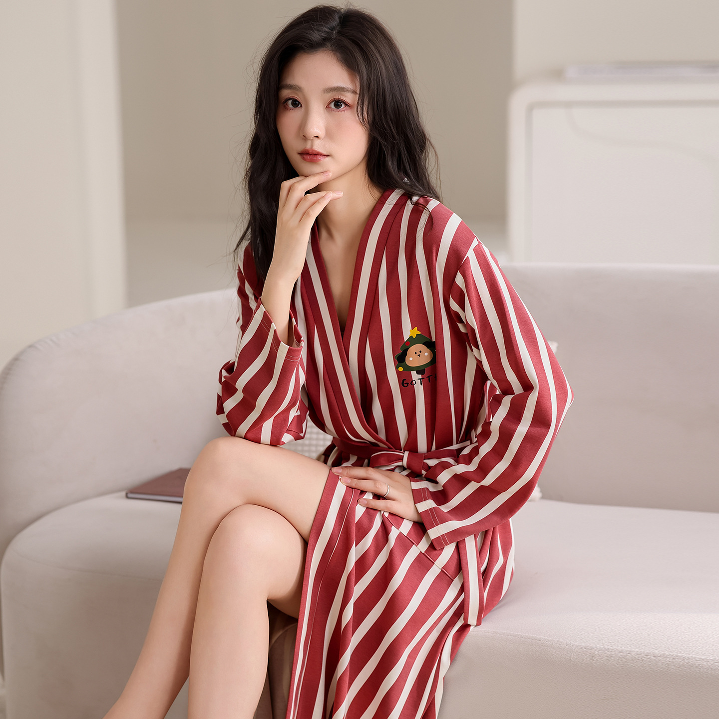 모닝 가운, 목욕 가운, 긴팔 여성용 순면 흡수성 사계절 유니버설 목욕 가운, 면 잠옷, 봄과 가을 스타일, 긴 잠옷