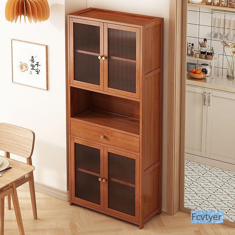 Solid Wood Sideboard Floor-Standing Household Storage Rack Wall-Mounted Integrated Storage Cabinet Kitchen Microwave Storage Cabinet Tea Cabinet