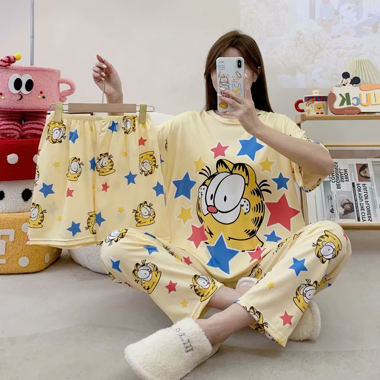 Pijamas de verano transfronterizos pijamas de leche de seda de tres piezas set de dibujos animados comercio exterior ropa para el hogar pantalones de mangas cortas lindos