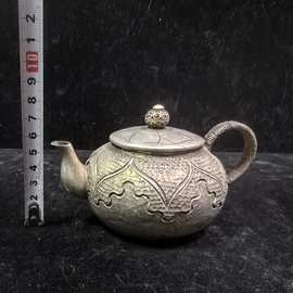 仿古做旧精品荷花复古纯铜镀银茶壶纯 铜摆件工艺品文创