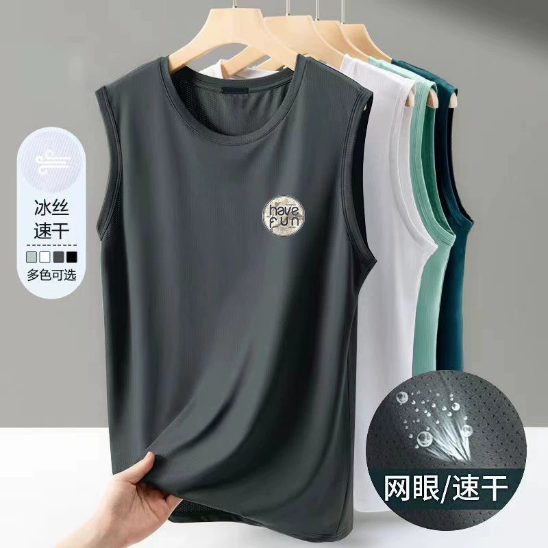 Мужской летний быстросохнущий топ из ледяного шелка, сетчатый, больших размеров, свободный, спортивный, без рукавов