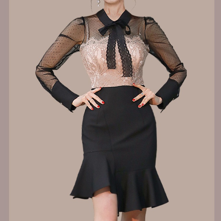 跨境女装2021新款韩版连衣裙气质名媛露背蕾丝拼接不规则鱼尾裙