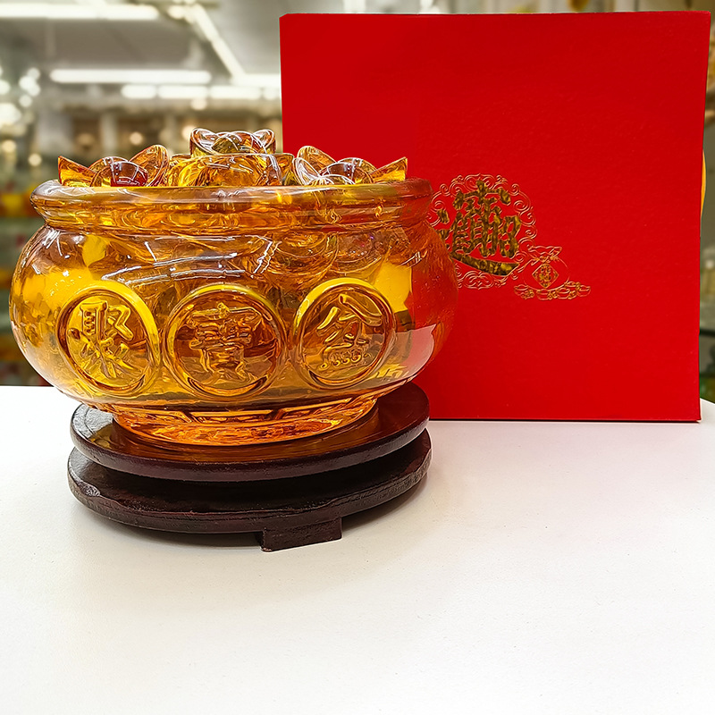 Decoración del hogar chino de vidrio esmaltado conjunto de realocamiento para atraer la fortuna regalo de cristal dorado ornamentos de cuenca