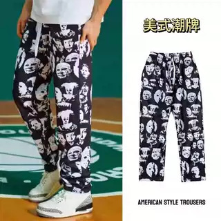 American Basketball Sports Pants for Boys, Trendy Brand Training Casual Printed Straight Floral Pants, Student National Trend Nine-Point Sweatpants