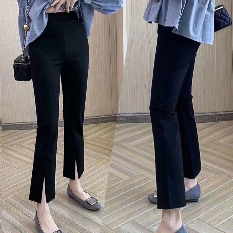 Cropped Micro-horn Split Pants Women's Spring and Autumn New High Waist Slimming All-match Small Slim-fit Black Casual Pants