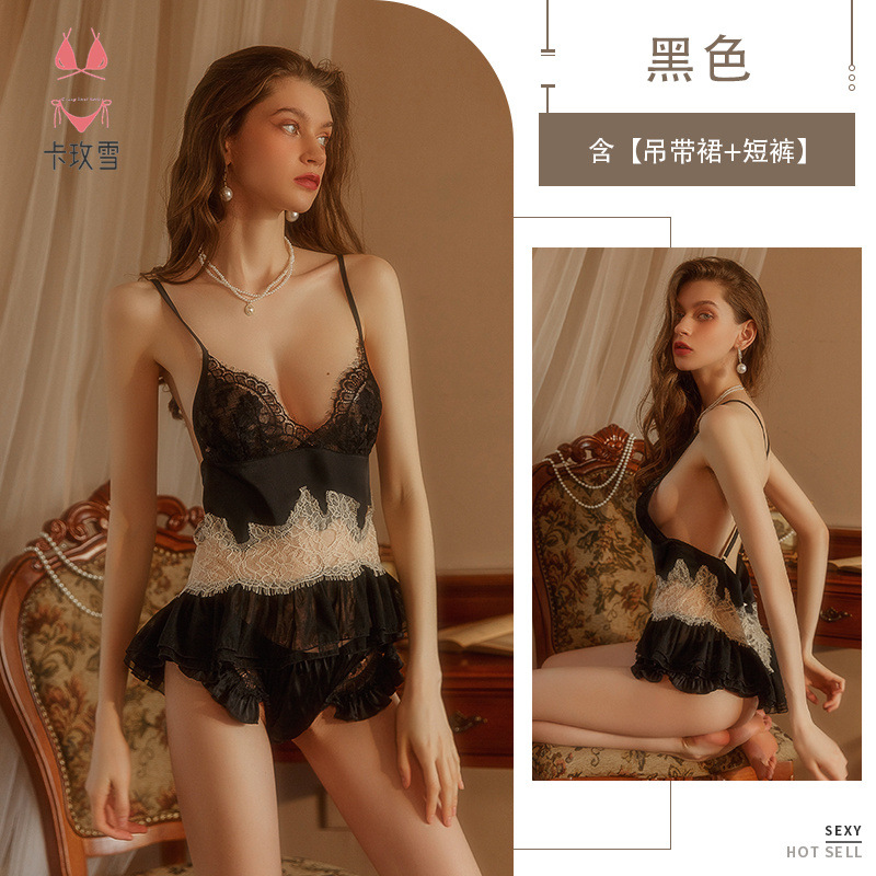 Lencería sexy pijamas de las mujeres de dos piezas pantalones cortos Correa camisón encaje sin espalda traje de verano casa 1525