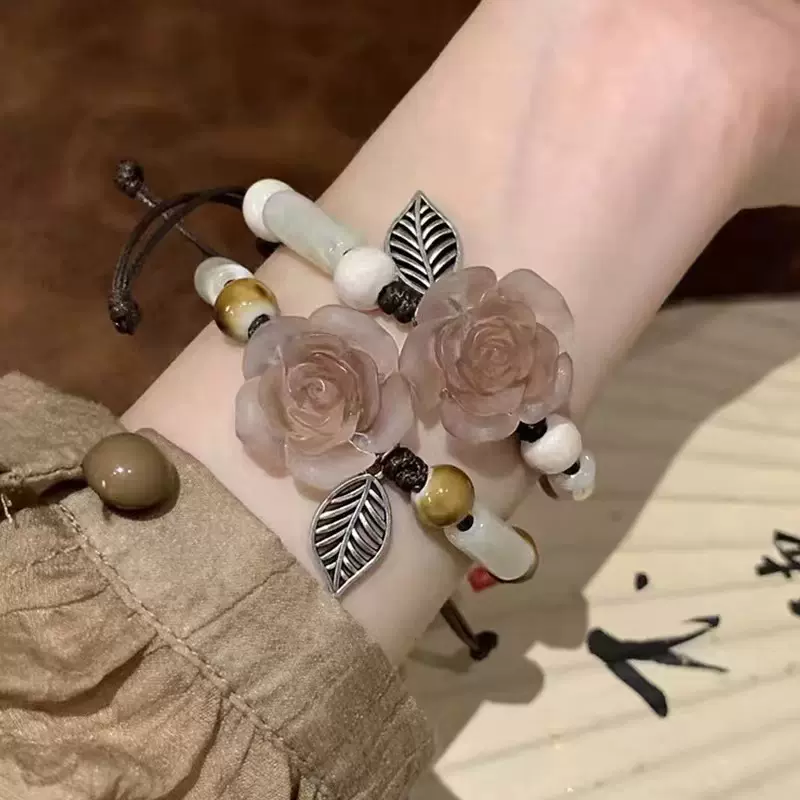 新中式山茶花编织手链女气质复古民族风2025年新款小众设计感手绳
