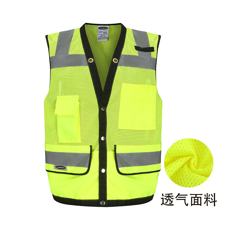 American Ansi Heavy Industry Multi-Pocket Safety Reflective Vest with Hidden Buckle for Road Construction Reflective Clothing