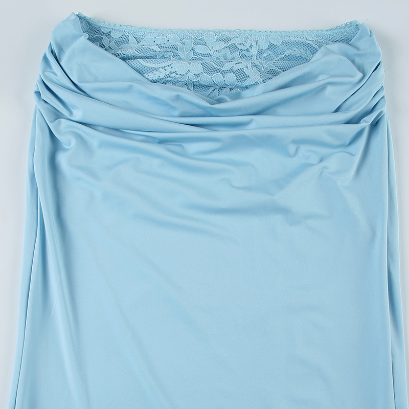 Women Clothing Lace Top with Narrow Straps Stitching Satin Fishtail Skirt Slim Waist Sheath Skirt Two Piece Sets