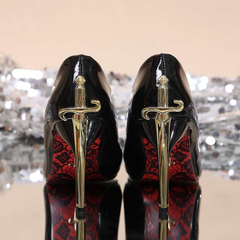 Pointed-toe ultra-high heels, 2026 spring Korean version, elegant lady style, black metallic buckle patent leather stiletto shoes for women, red sole Pointed-toe ultra-high heels, 2026 spring Korean version, elegant lady style, black metallic buckle patent leather stiletto shoes for women, red sole