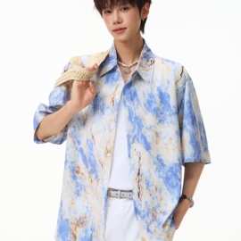 潮牌百搭夏威夷扎染短袖衬衫男小众复古半袖衬衣凉感情侣美式抽象