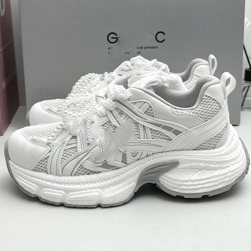 Putian G-C Spring/Summer Lace-Up Pearl Thick-Soled Dad Shoes Sweet Style for Petite Girls Height-Increasing 5cm Sneakers