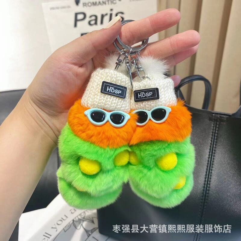 Cute real Rex rabbit fur Caterpillar pendant car keychain star with ugly cute plush doll bag pendant