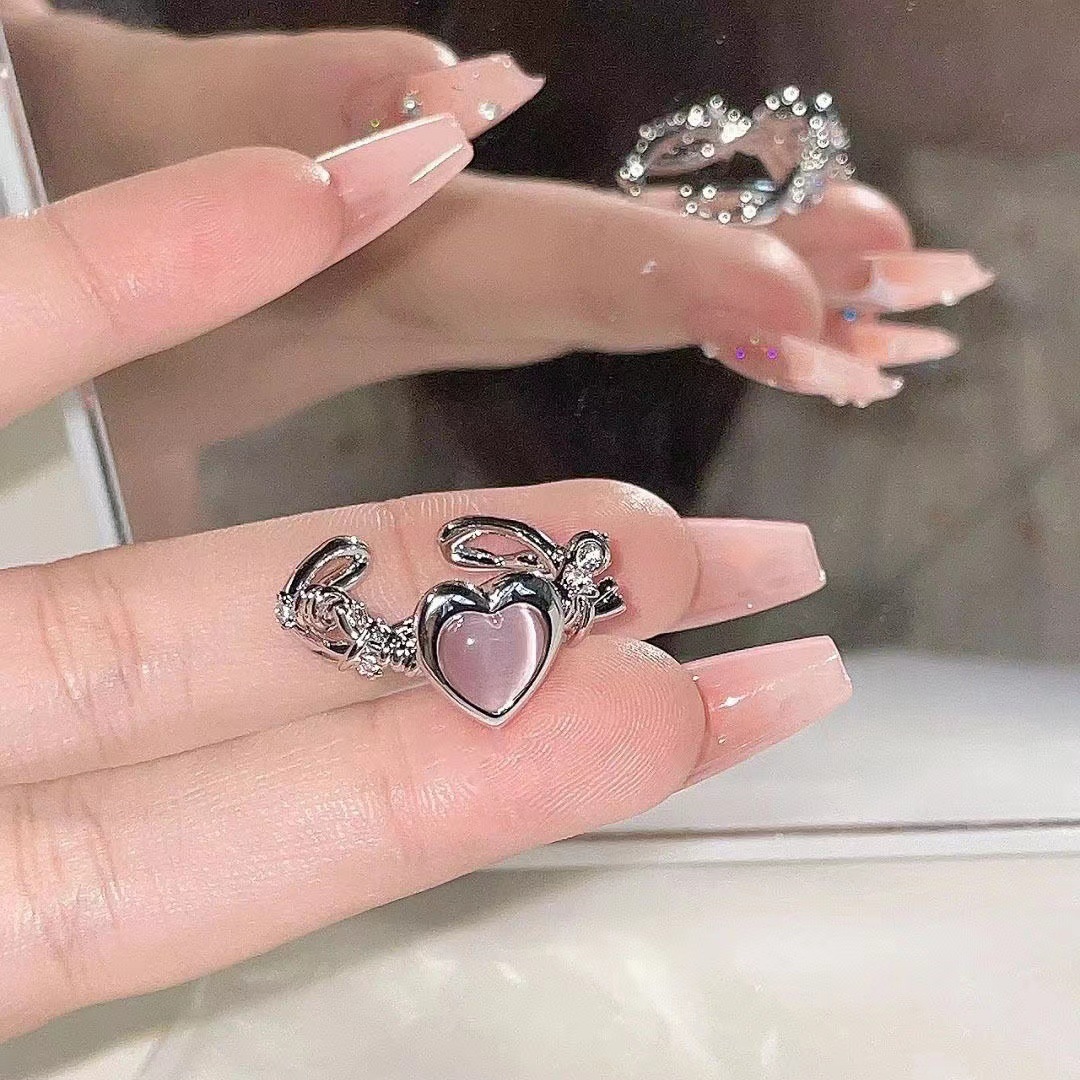 Niche design pink lovely Thorn Opal zircon ring female sweet cool style fashionable temperament all-Match ring