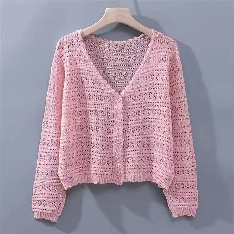 2025 Summer Korean-style Loose V-neck Hollow-out All-match Knitted Air-conditioning Shirt Women's Thin Long-sleeved Ice Silk Cardigan Top 2025 Summer Korean-style Loose V-neck Hollow-out All-match Knitted Air-conditioning Shirt Women's Thin Long-sleeved Ice Silk Cardigan Top
